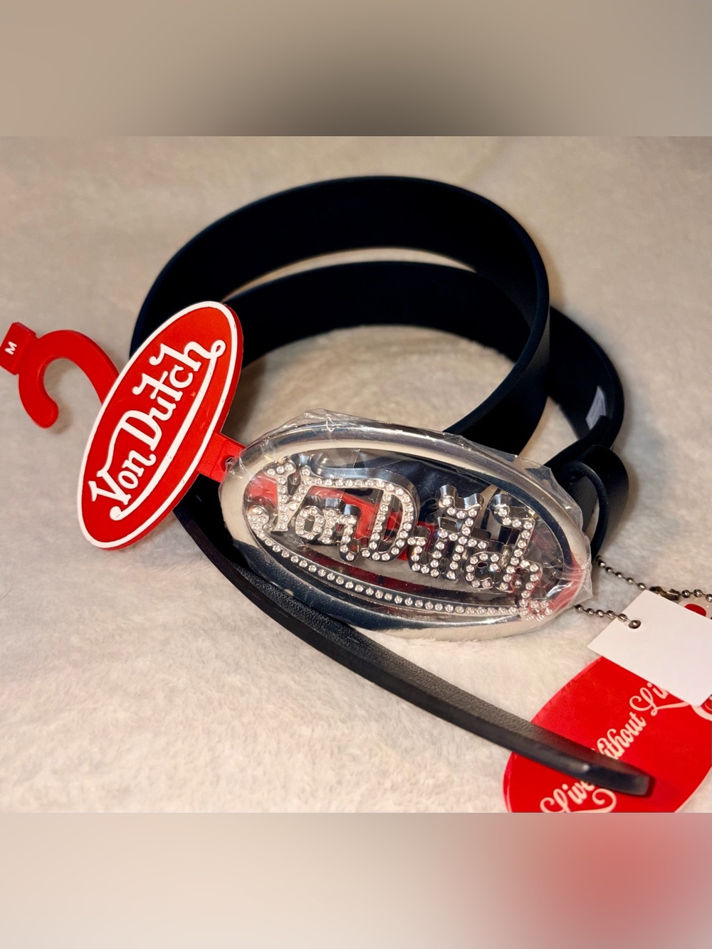 Von Dutch Belt Oval Rhinestone Embellished Logo Buckle NWT